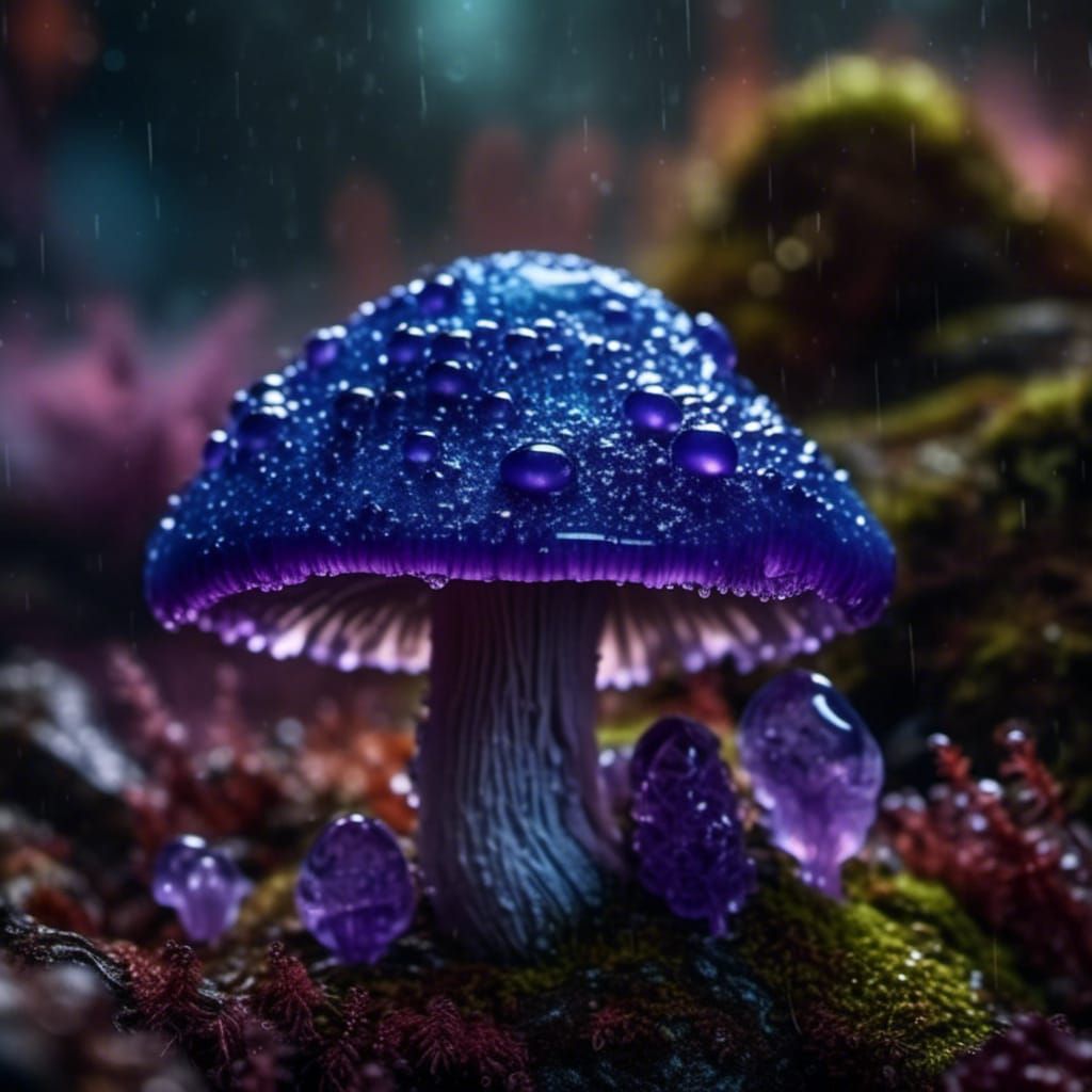 Hyperrealistic Sapphire Mushroom in Amethyst Moss