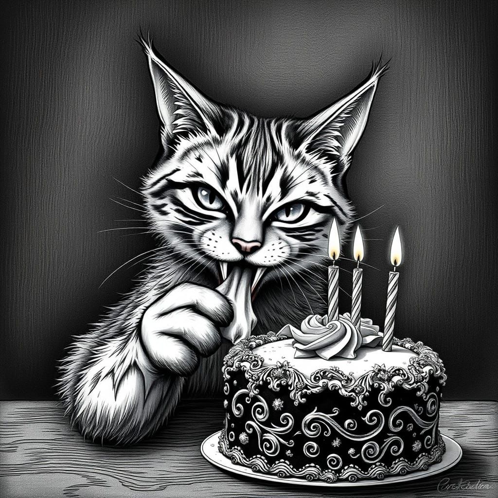 Whimsical Cat Savoring a Vintage Birthday Cake