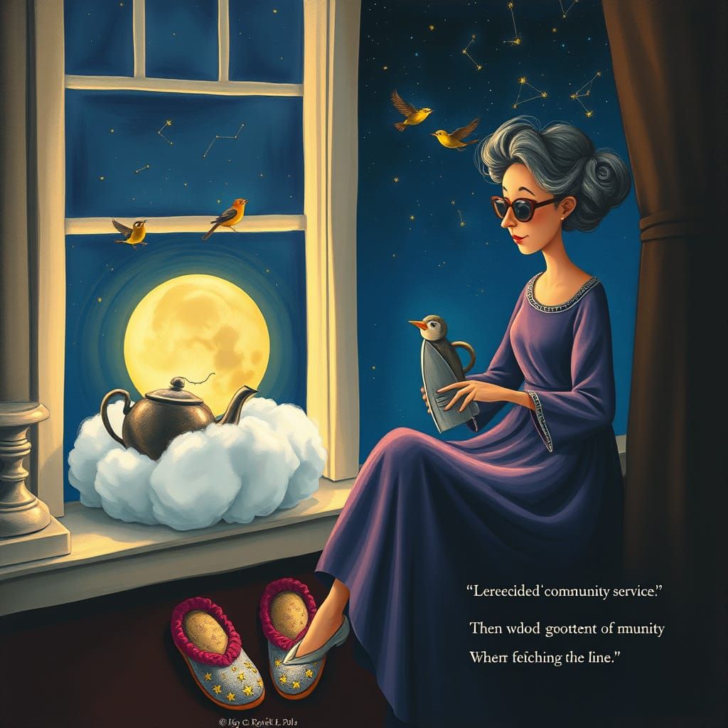 Whimsical Cloud Ironing Scene with Starlight Slippers