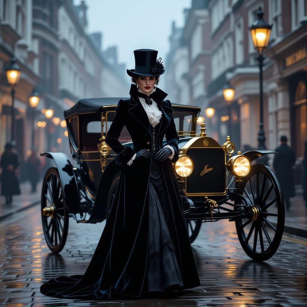 Victorian Woman in Foggy London Street Scene
