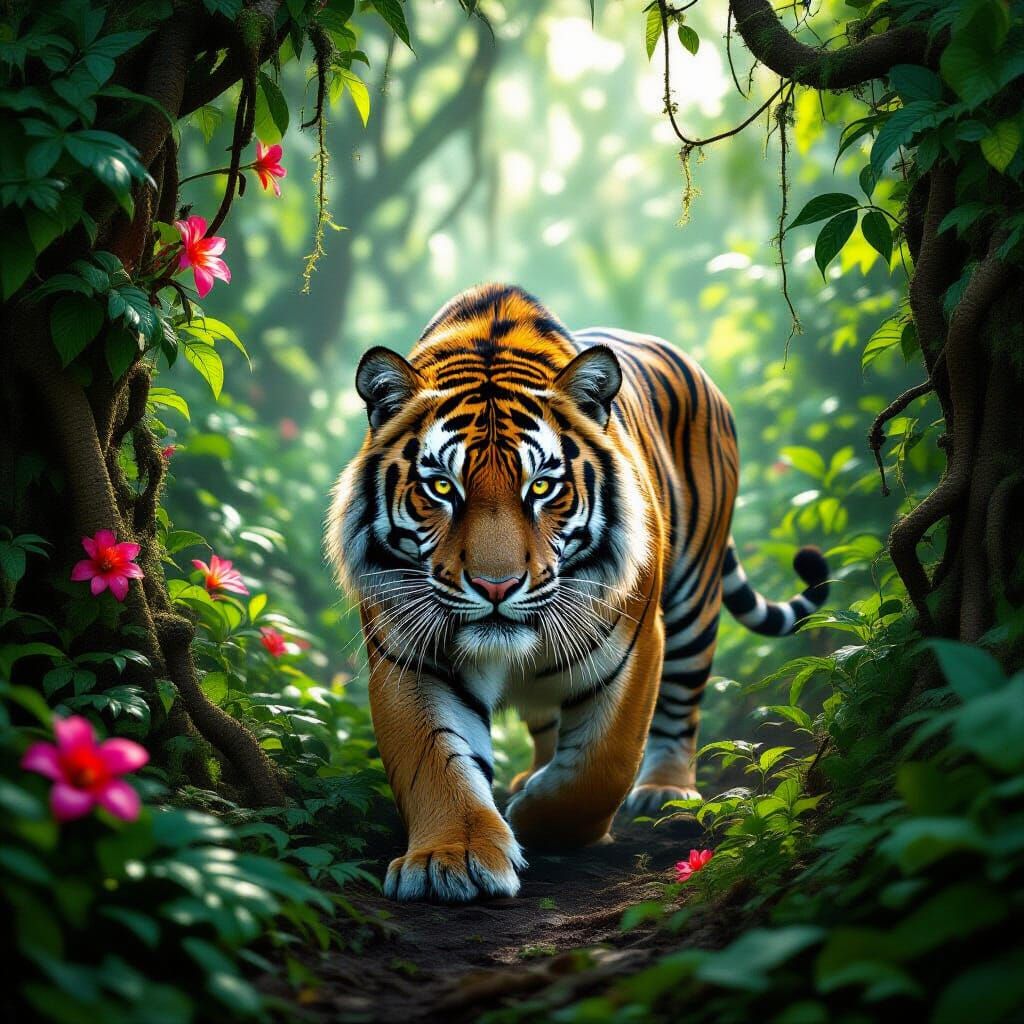 Tiger Prowls Through Jungle in Cinematic Realism