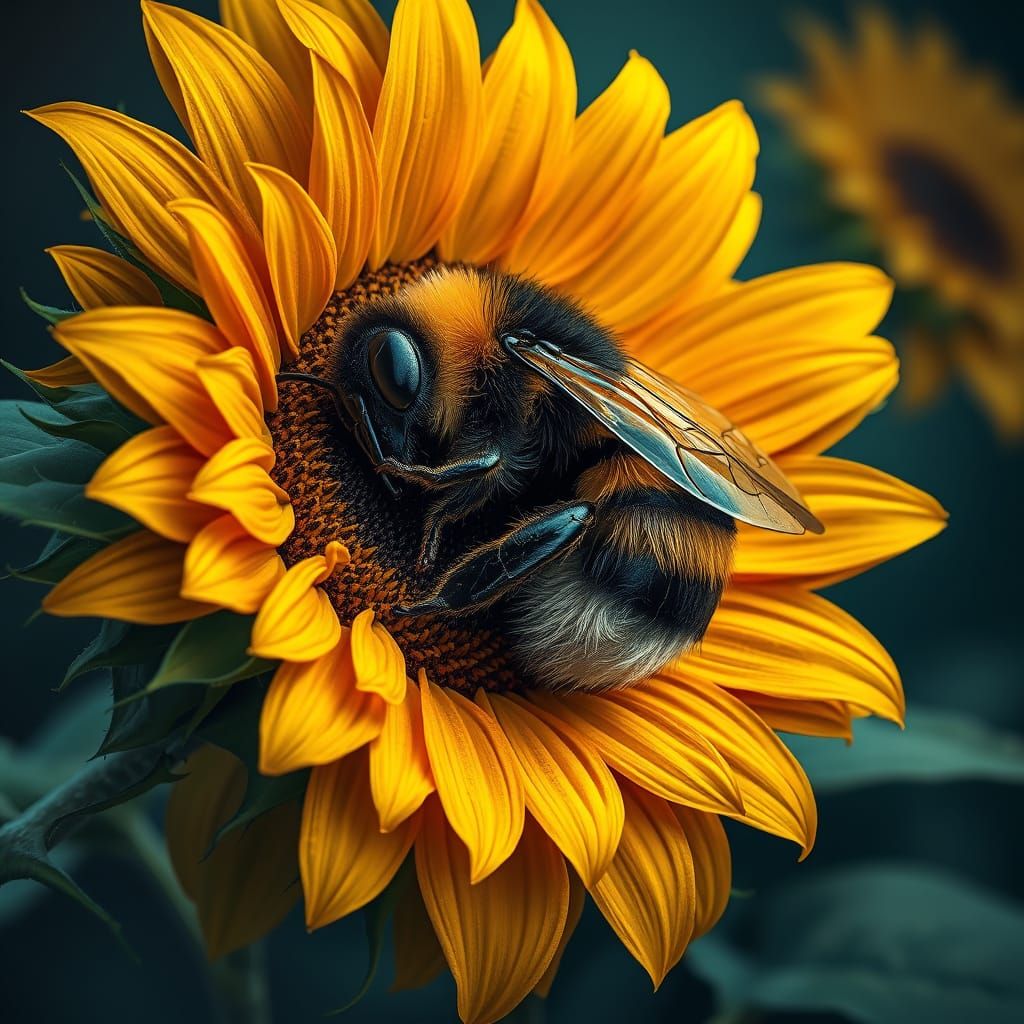Bumblebee Sleeping Peacefully on a Sunflower