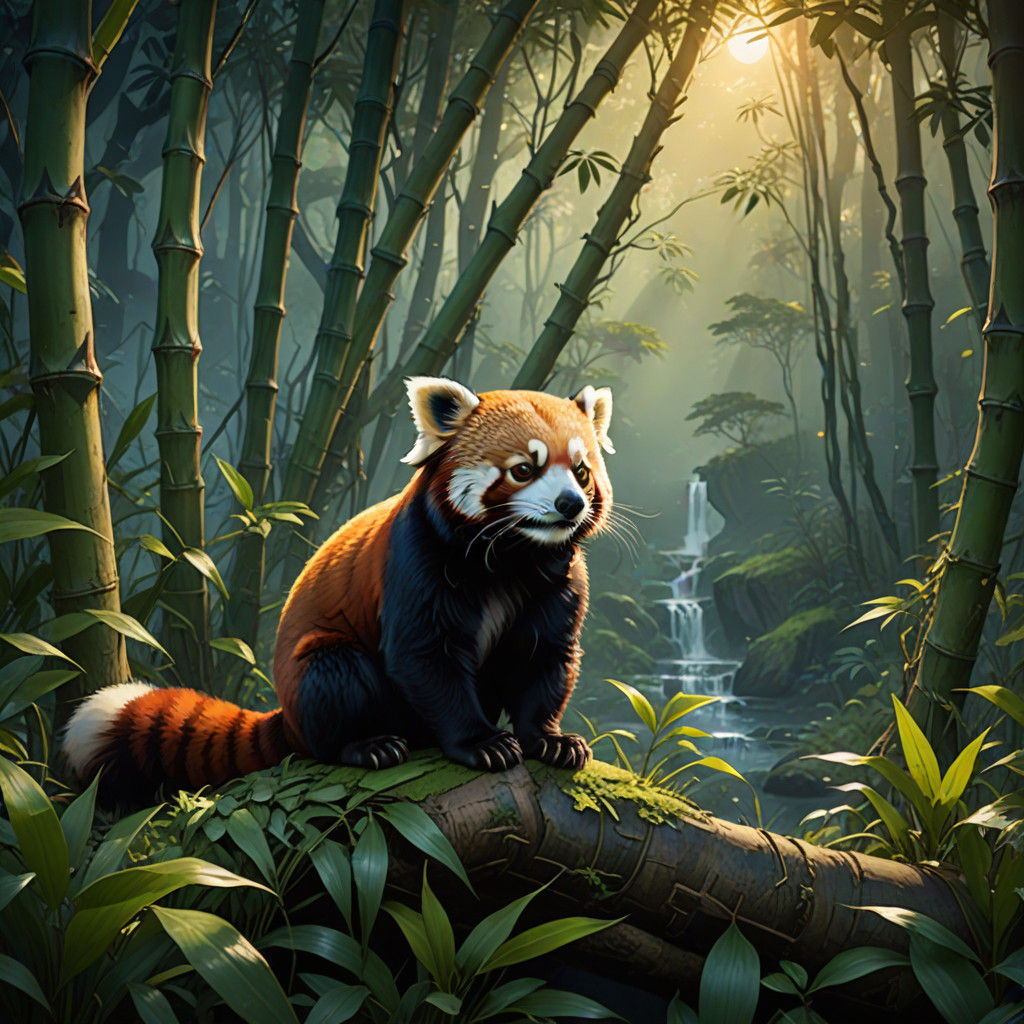 Fantastical Red Panda in Whimsical Bamboo Forest