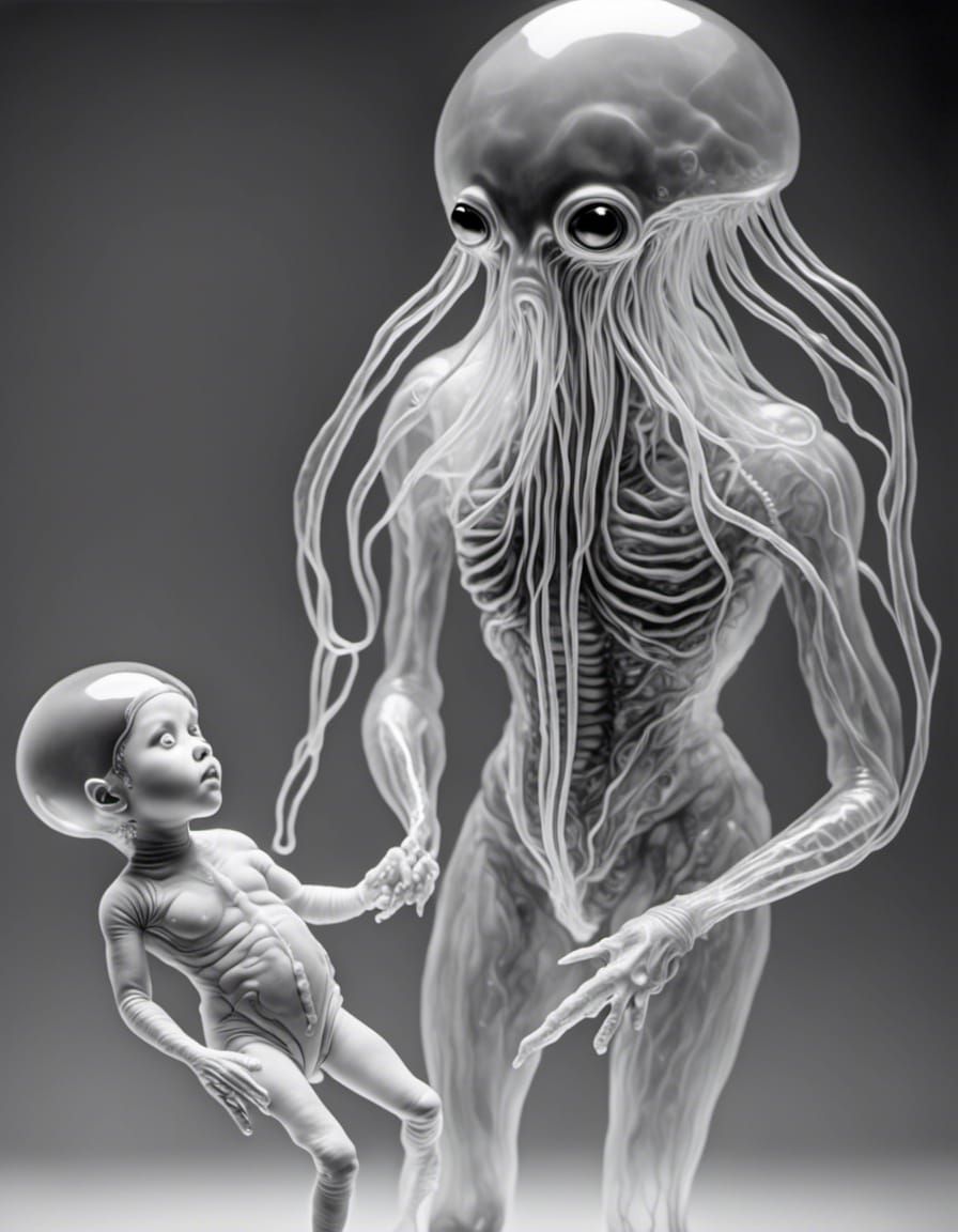 acrylic alien with a human doll