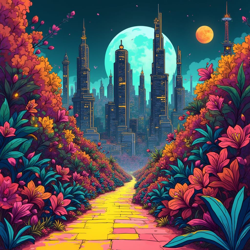 Futuristic Cityscape in Vibrant, Whimsical Style