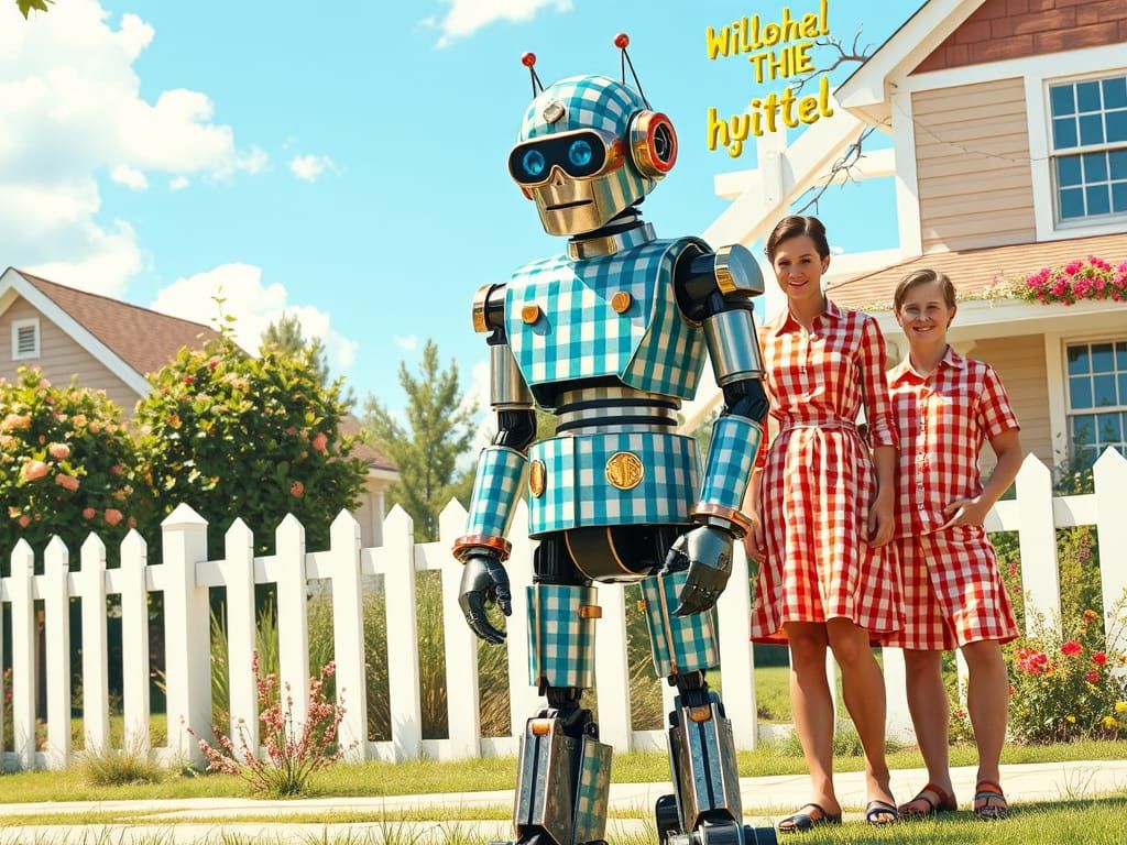 Retro-Futuristic Robot Surrounded by Idyllic Suburban Family...
