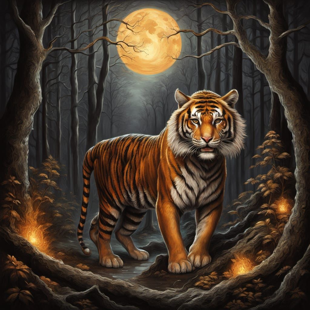 Blazing Tiger in Enchanted Forest, Romantic Oil Painting