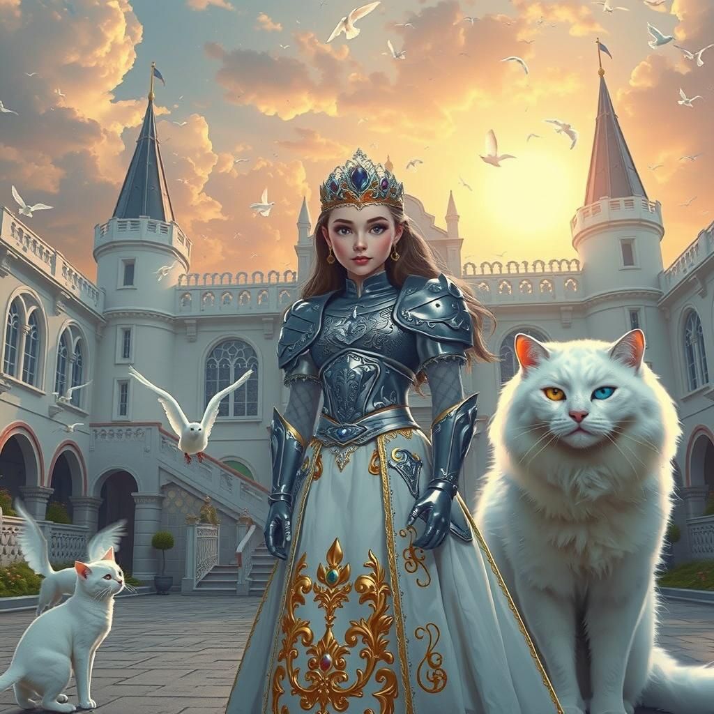 Princess in Silver Armor with White Cats