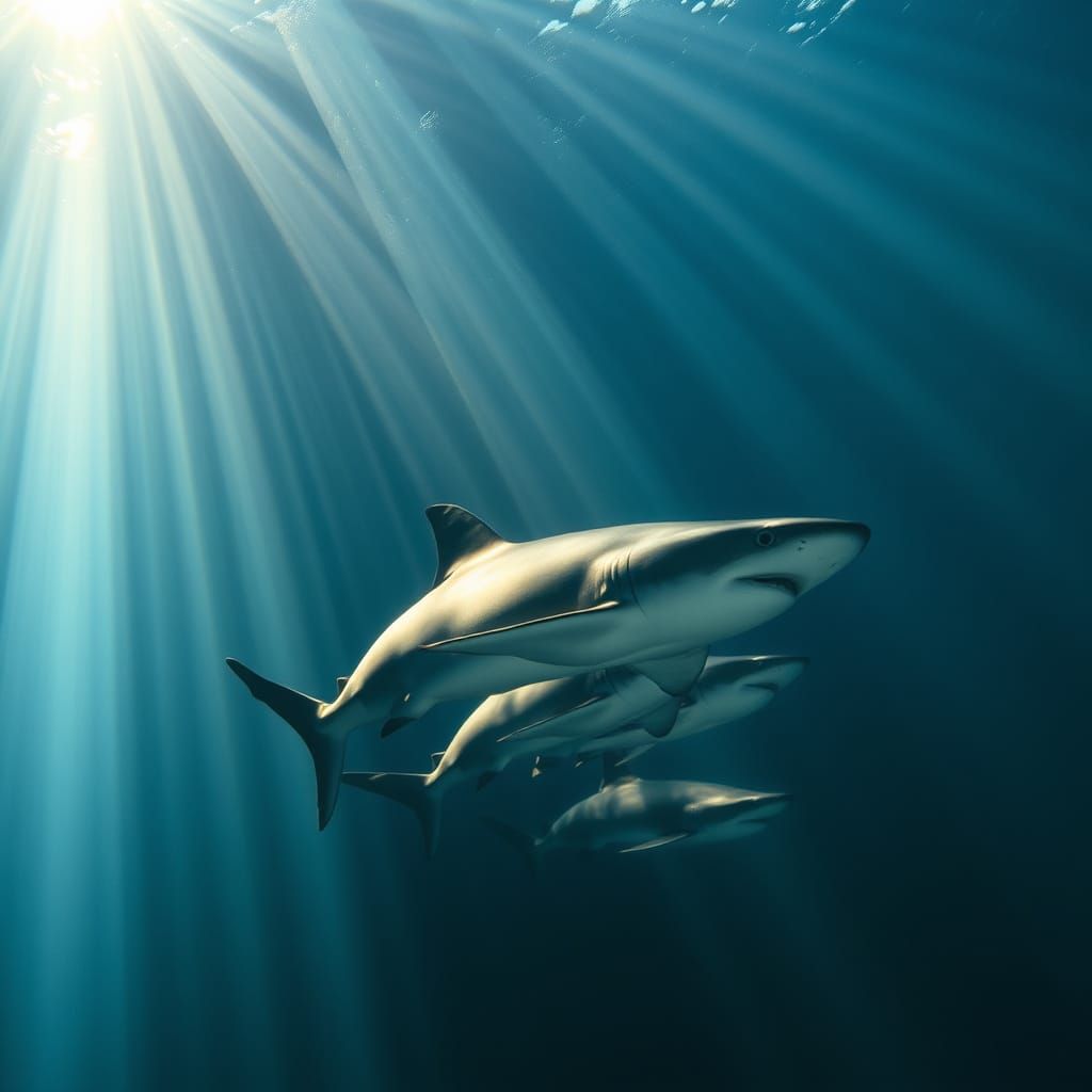 Hammerhead Sharks Underwater: Hyper-Realistic Sunlit Scene