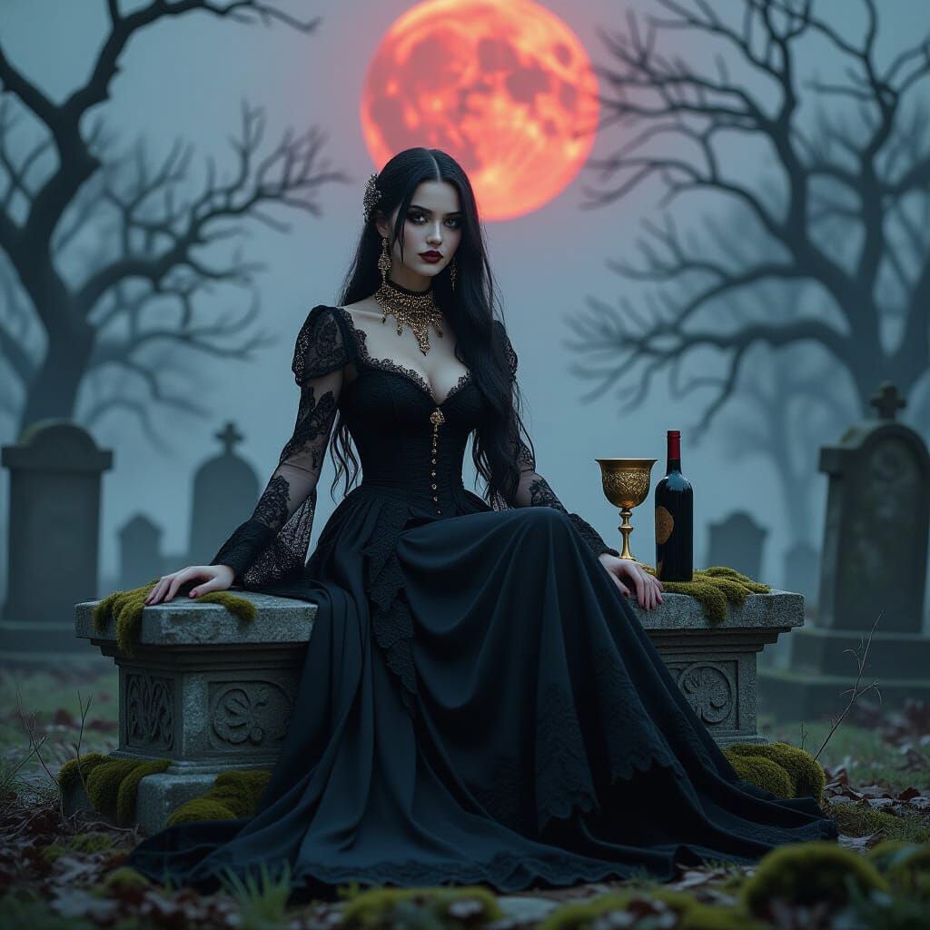 Gothic Girl on Tombstone Under Crimson Moon