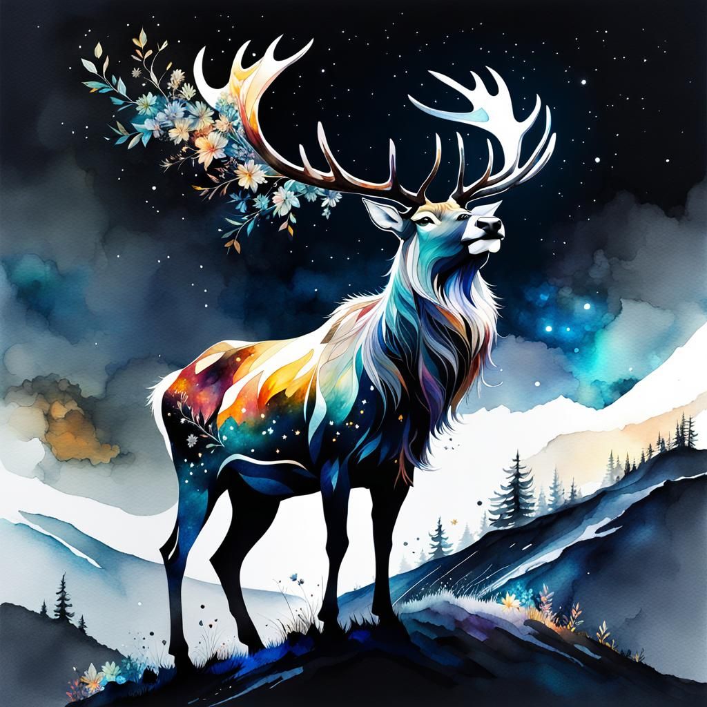 Reindeer in Galaxy Night: Watercolor Fairytale Illustration