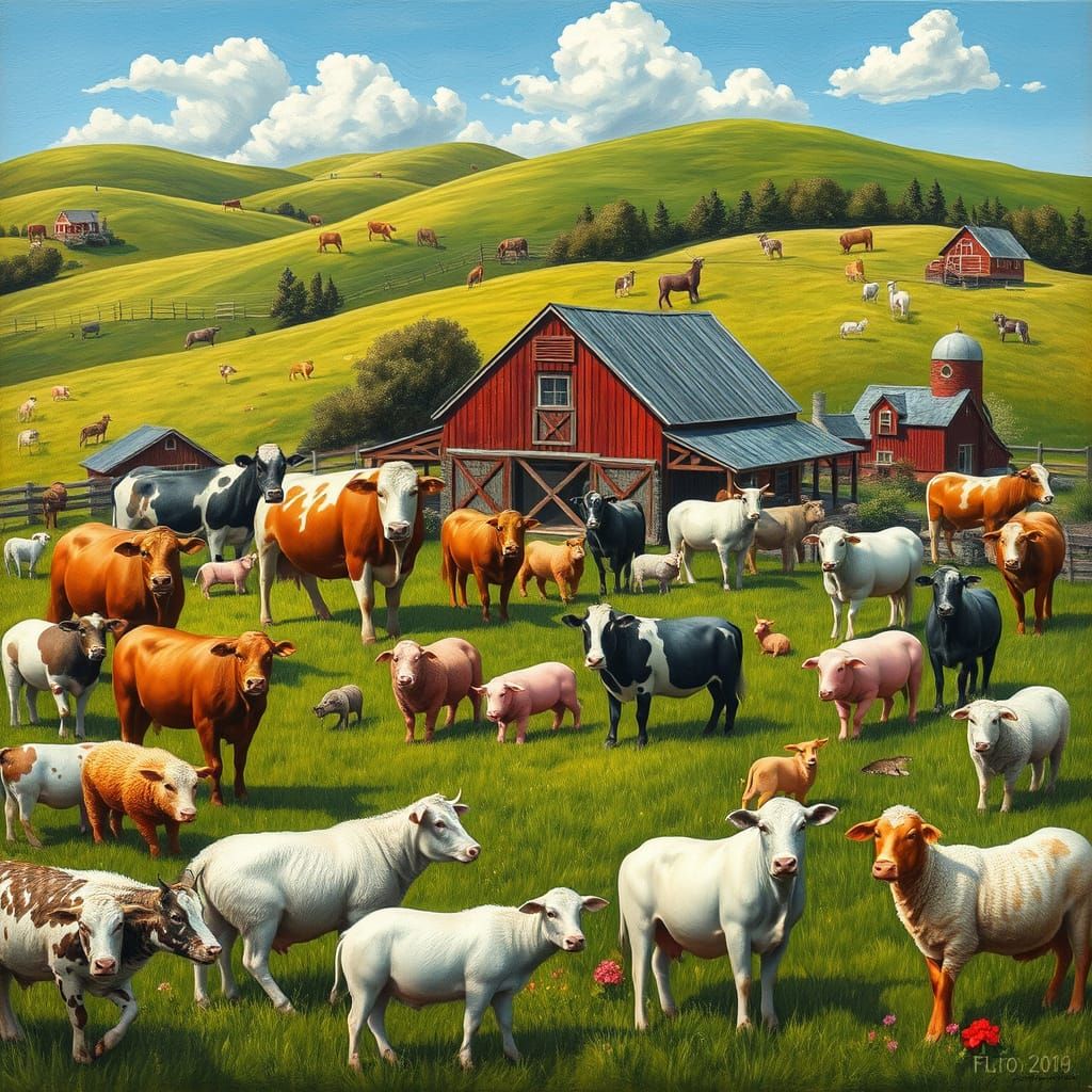 Vibrant Farm Landscape in Whimsical Folk Art Style