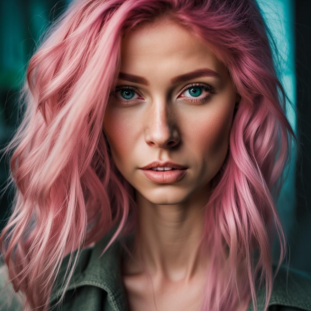 Hyperrealistic Portrait of Pink-Haired Woman, Sharp Focus