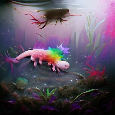 Rainbow Axolotl Against Dark Background