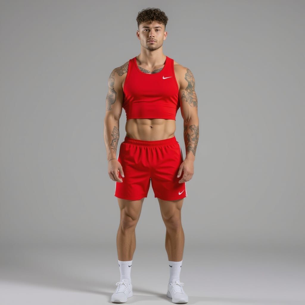 Muscular Man in Red Crop Top Studio Portrait