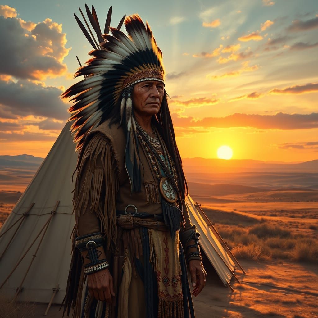 Native American Warrior in Traditional Teepee Setting