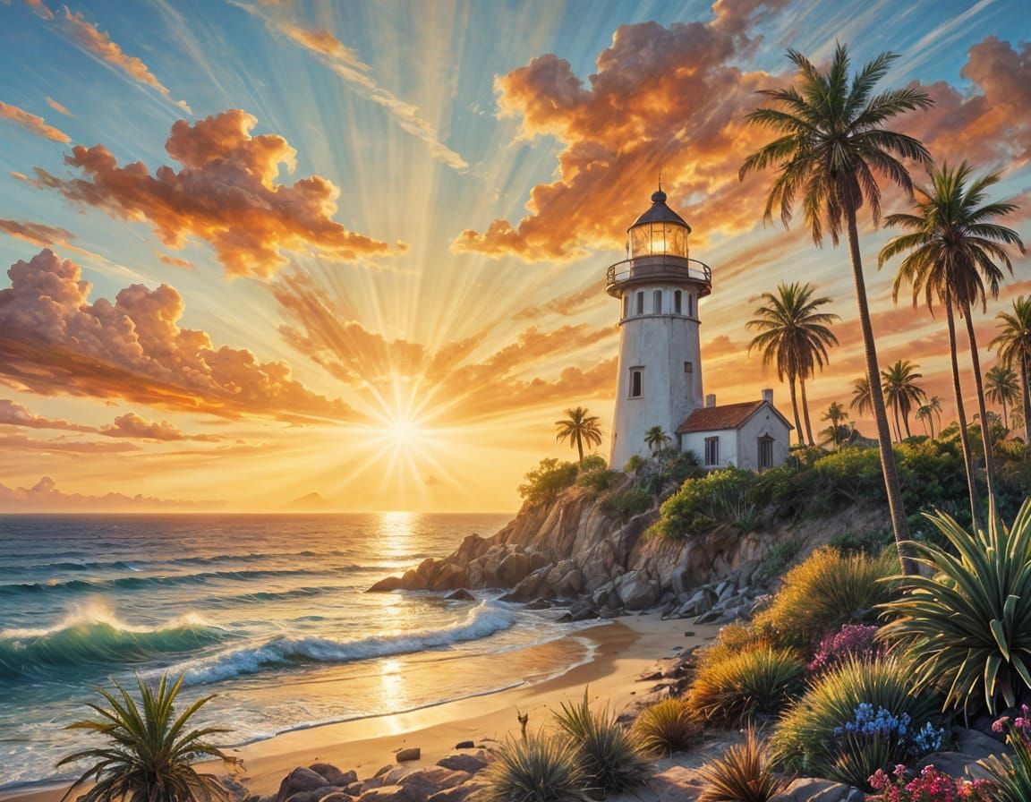 Baja Coast Lighthouse in Watercolor Style