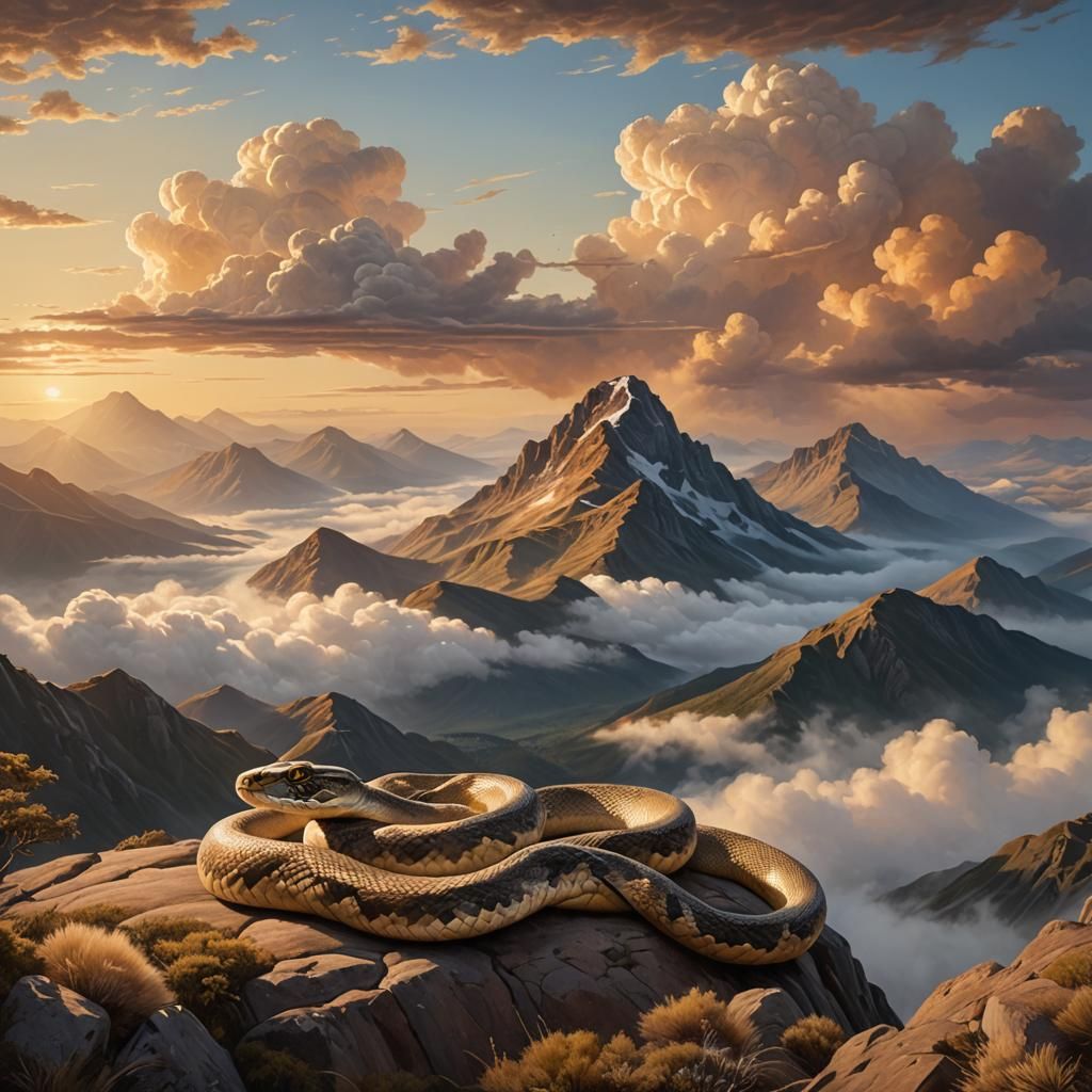 Cloud Serpent Coiled Around Mountain: Oil Painting
