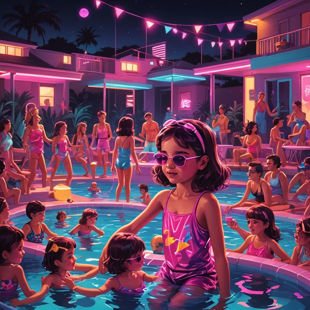 Synthwave Neon Pool Party at Night