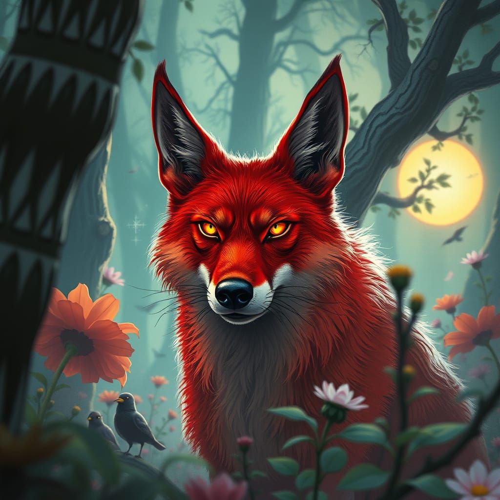 Fiery Red Wolf in Forest, Stalenhag Style