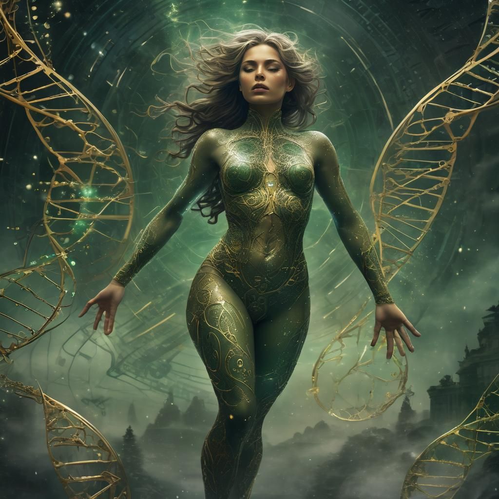 Gold and Green DNA Sequence with Woman