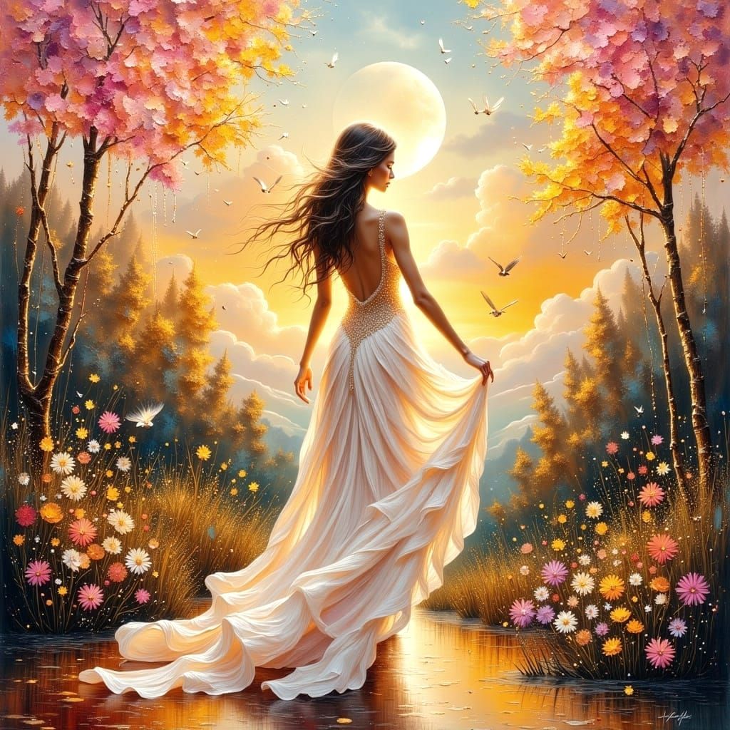 Whimsical Pastel Sunset with Flowers, Birds, and Moon