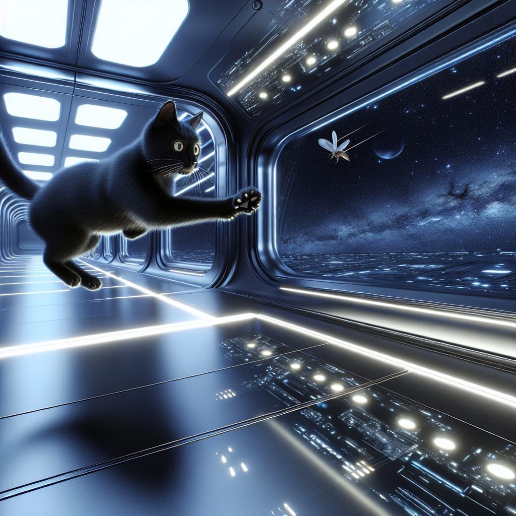 Cyberpunk Cat Leaping in Space Station