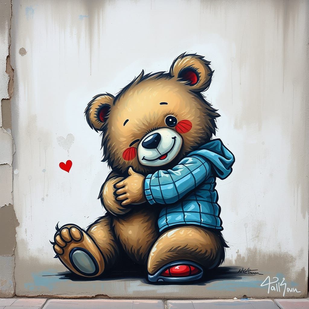 Surreal Street Art Hug Between Bear and Child