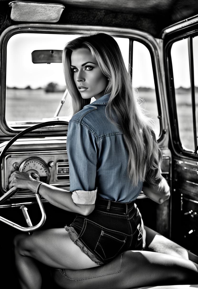 Country Girl in Daisy Dukes and Classic Ford Truck