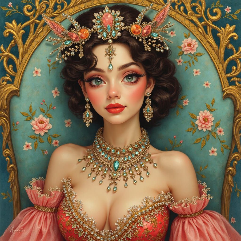 Elegant Woman in Alphonse Mucha Art Nouveau Style