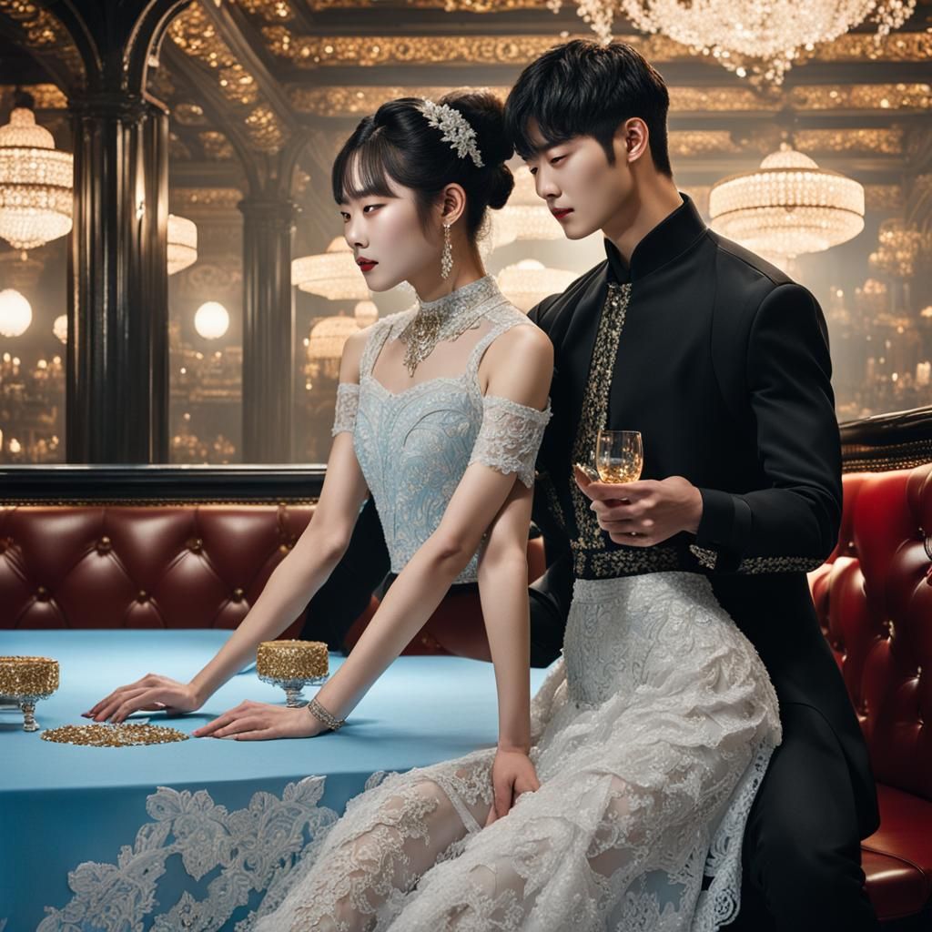 Gothic Dance: Man and Woman in Firelit Bar