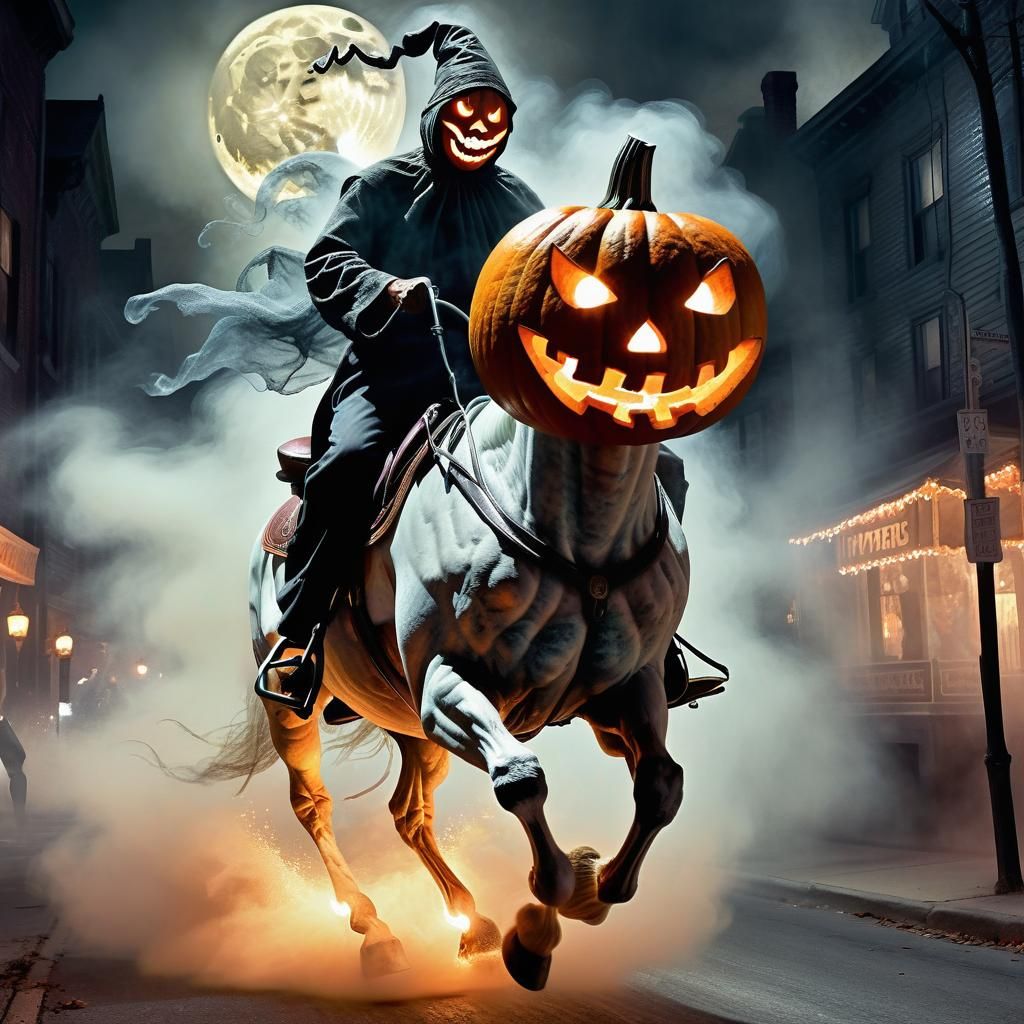 Pumpkin Head Rider in Ghostly City, Vintage Painting