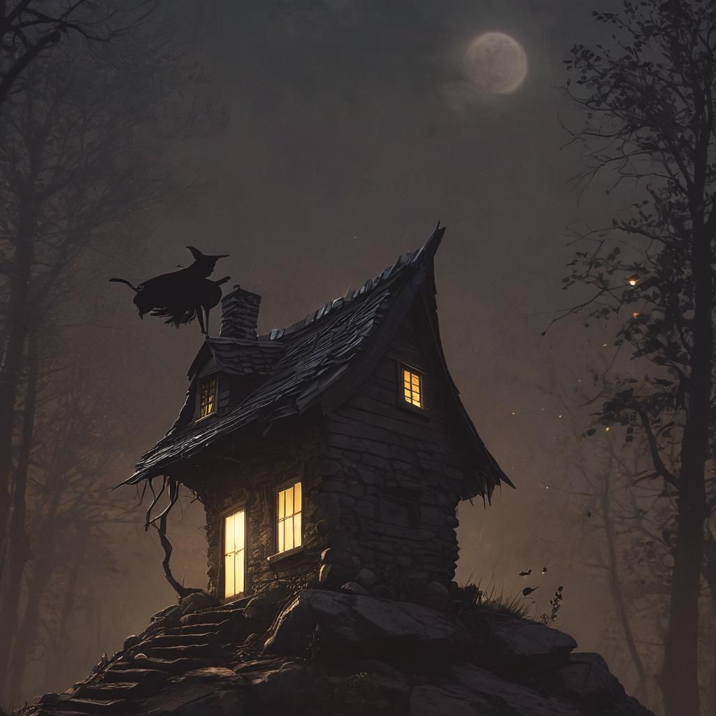 Moody Dark Fantasy Landscape with Witch's Flight at Golden H...