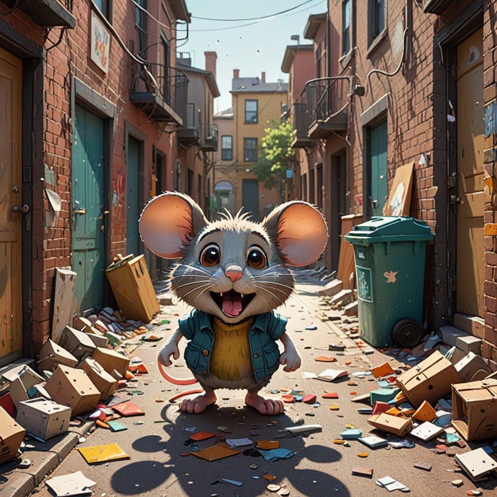 Exaggerated Cartoon Mouse Amidst a Whimsical Alleyway