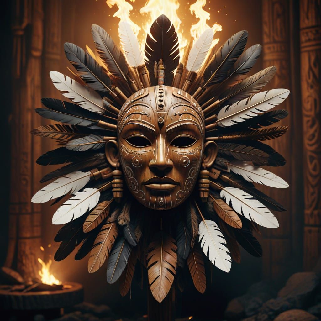Firelit Ritual with Elaborately Carved Tribal Mask