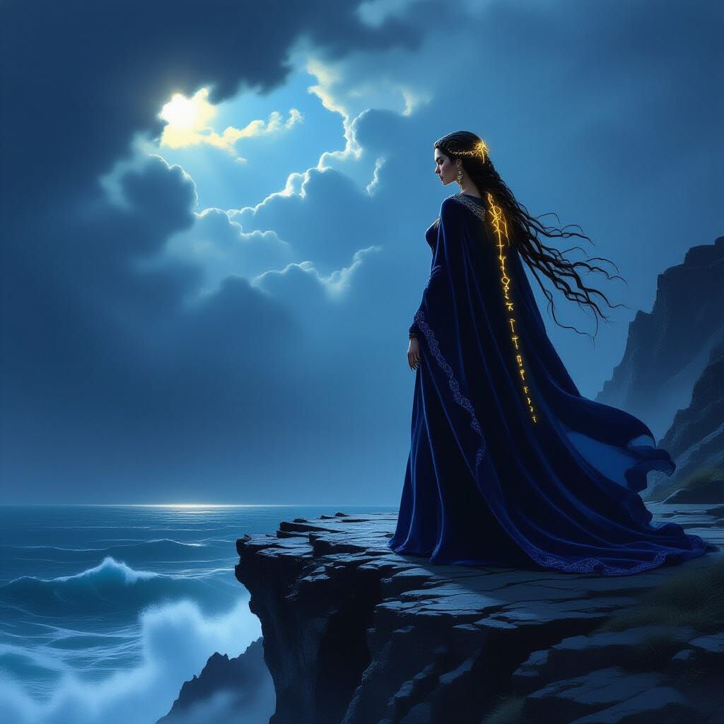 Regal Sorceress on Obsidian Cliff in Dark Fantasy Style