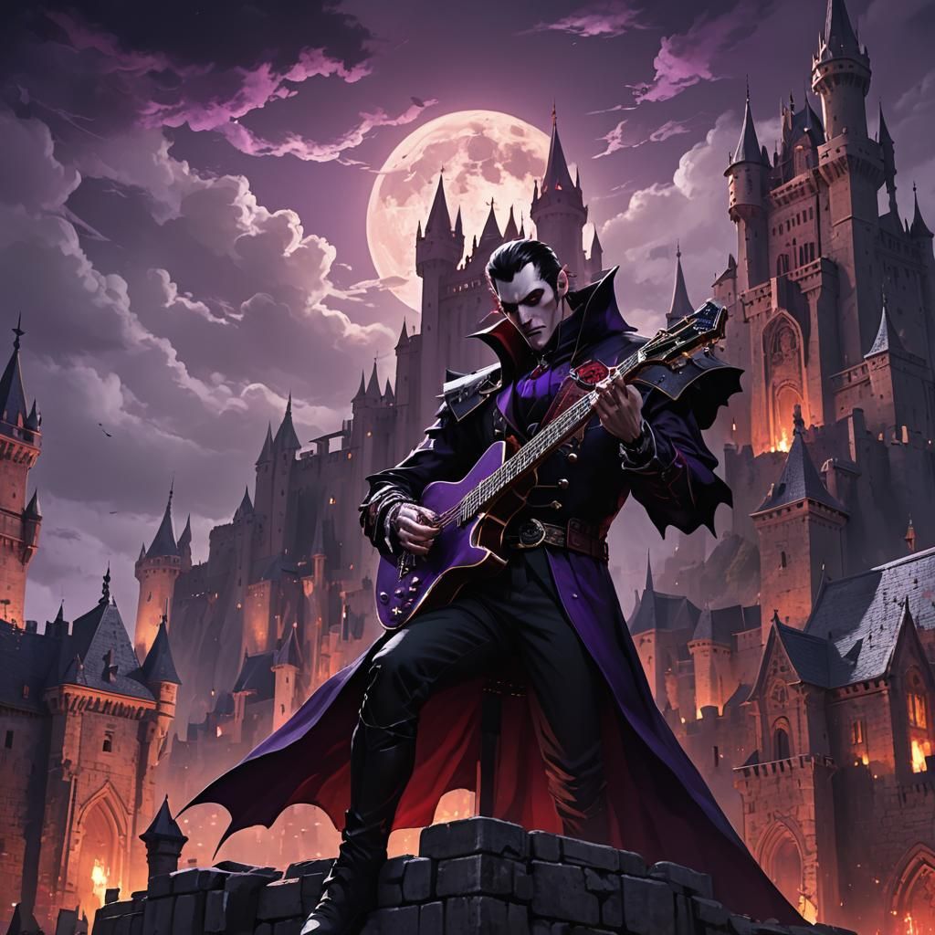 Gothic Dracula Plays Guitar: Anime-Inspired Concept Art