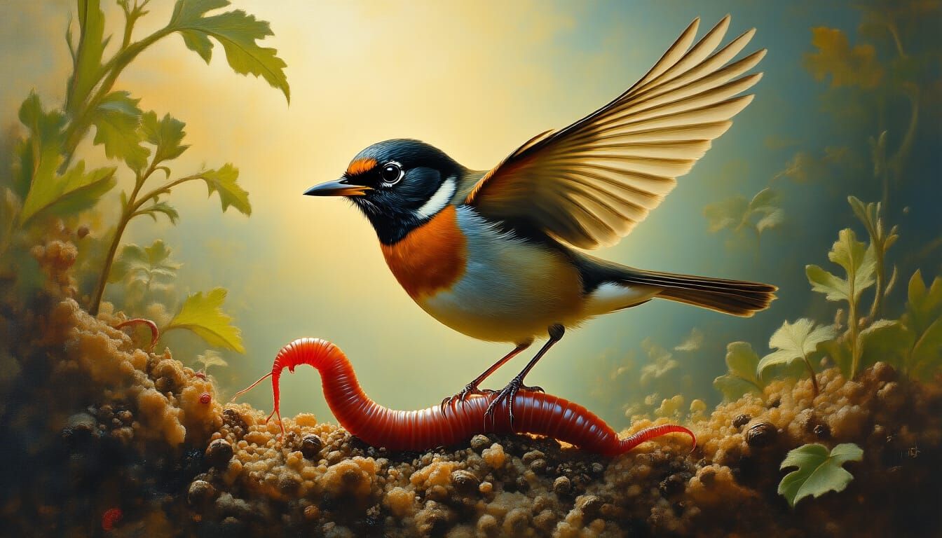 Robin's Descent: A Surreal Mixed-Media Painting