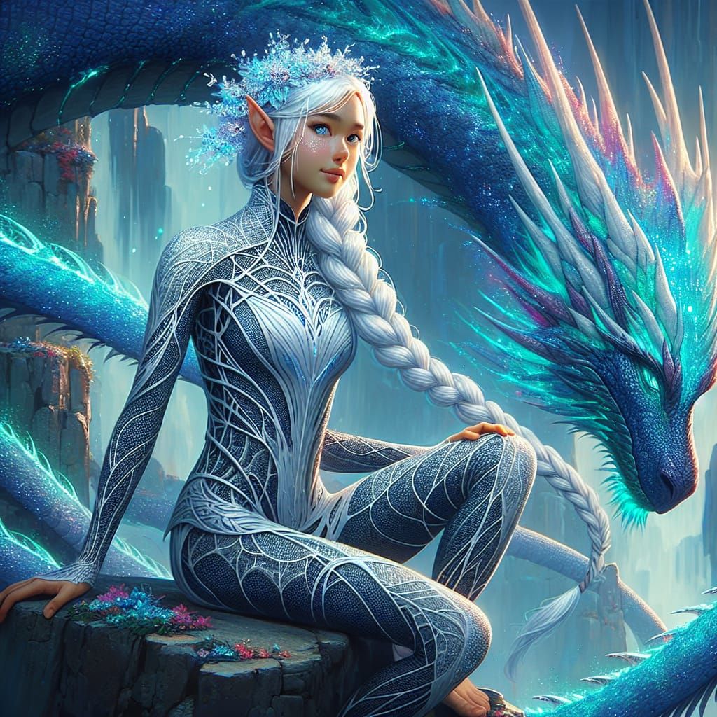 Elf with Bioluminescent Dragon: Digital Art