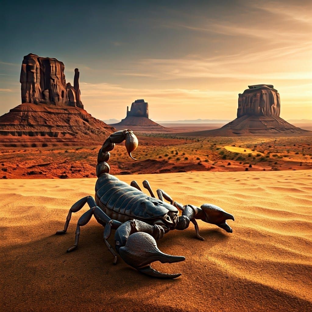 Scorpion in Monument Valley Sunset, Photorealistic Style