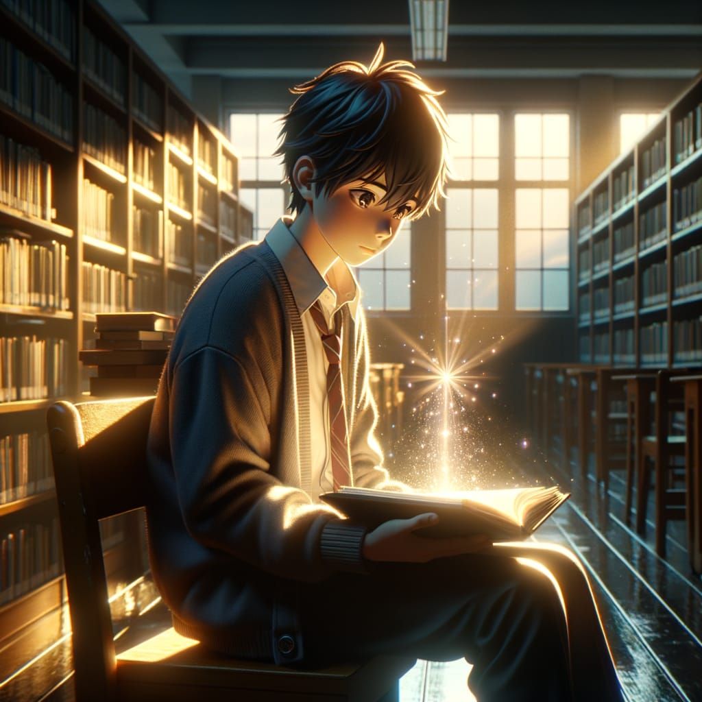 Boy with Magical Book in Anime Library