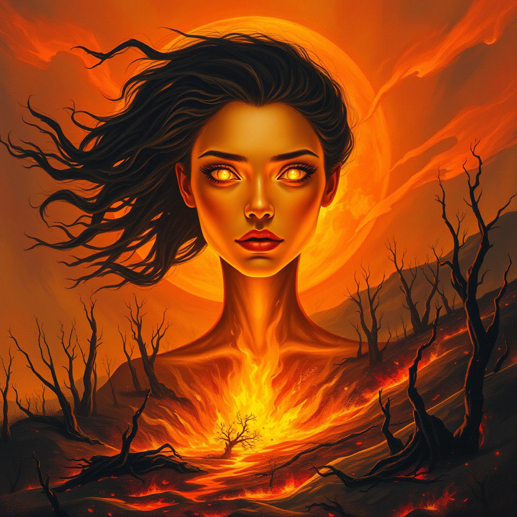 Radiant Woman on Charred Hillside: A Surreal Portrait