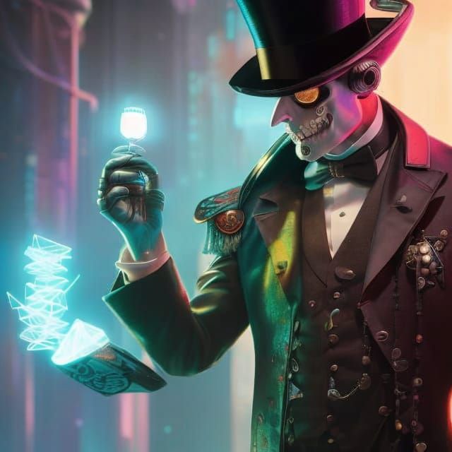 Cyberpunk Magician Performing a Magic Trick