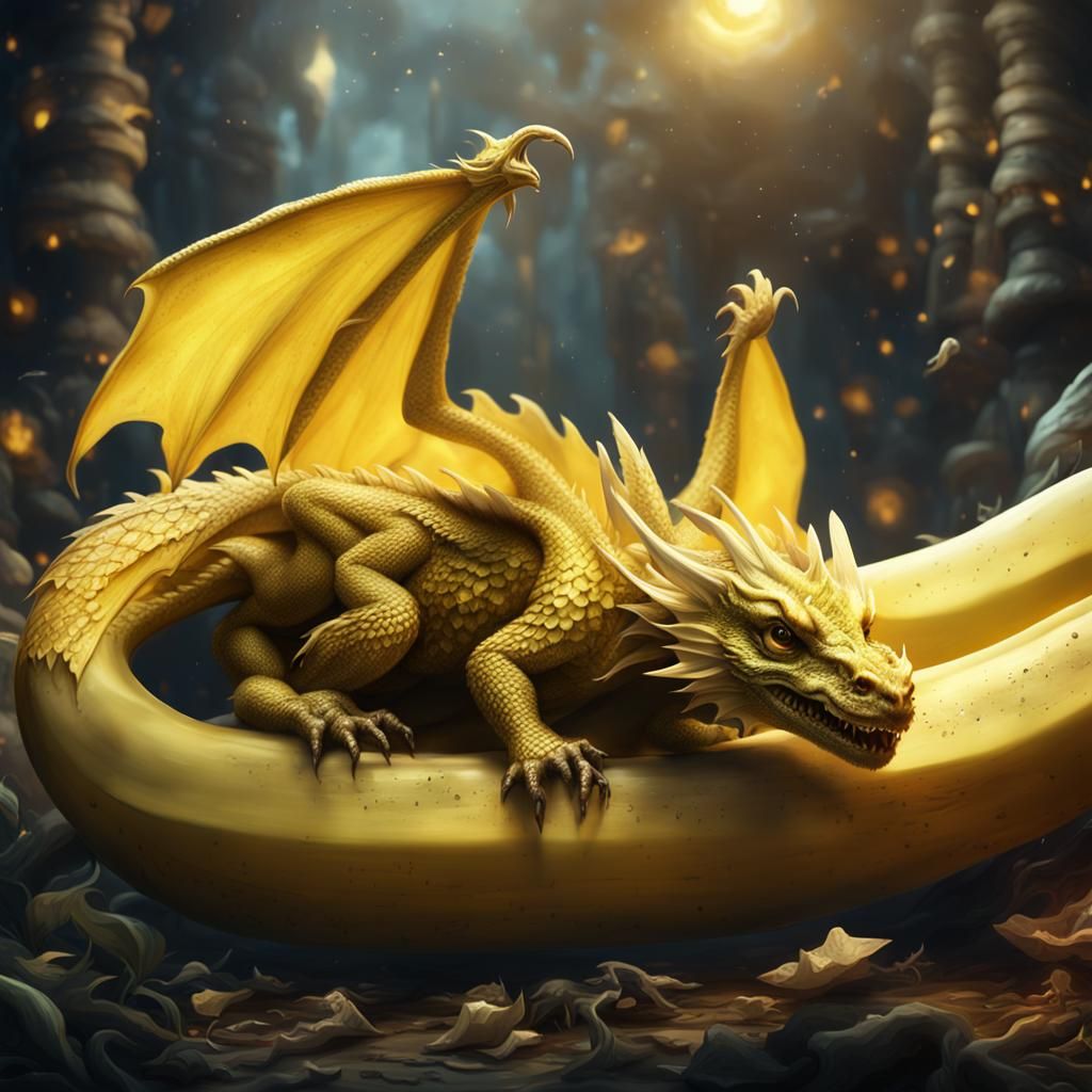 Baby Yellow Dragon Asleep on Banana