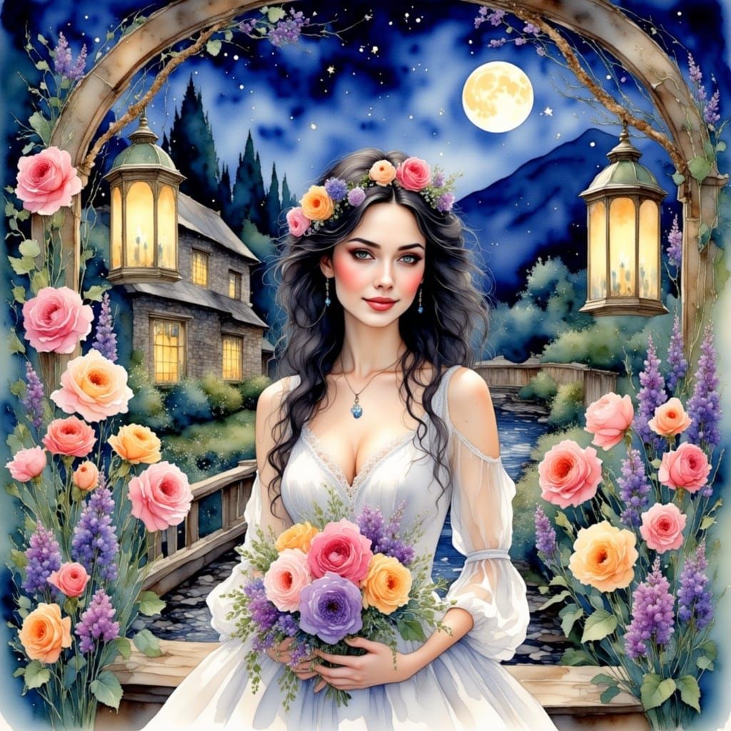 Whimsical English Garden at Night in Delicate Watercolour St...