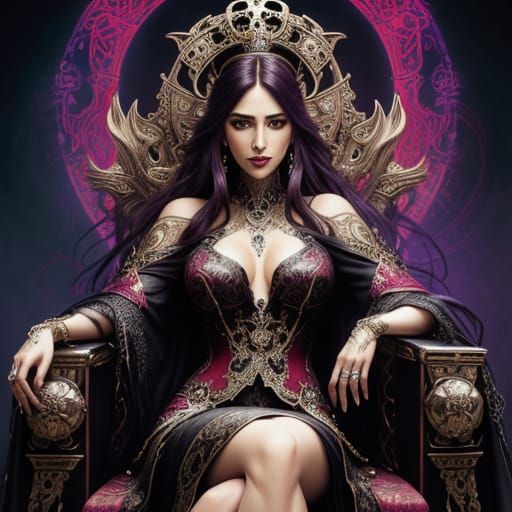 Art Nouveau Woman on Skull Throne in Royo Style