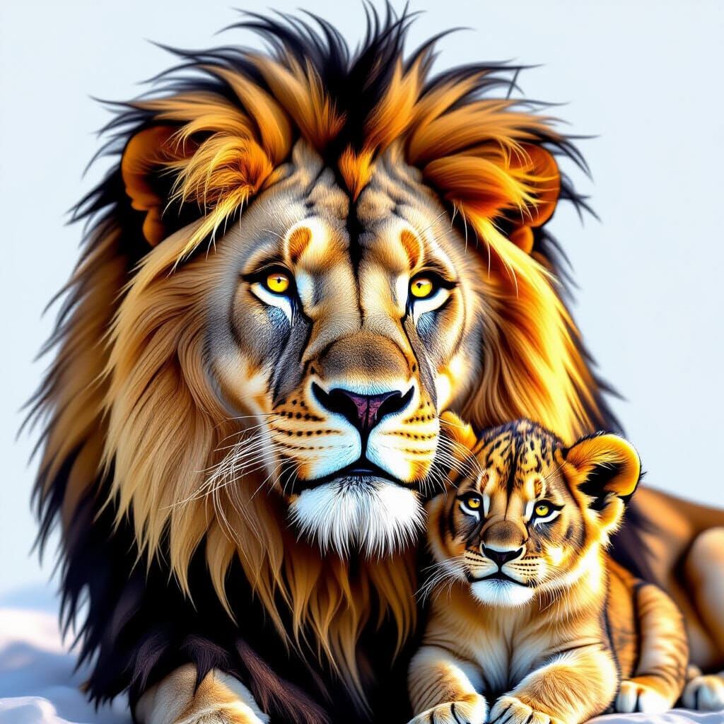Majestic Lion with Cub in Double Exposure Style