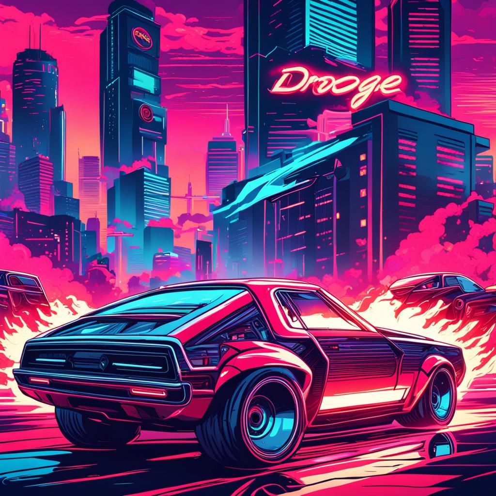 Cartoon Cars with Supercharged V8 Engine in Synthwave Style