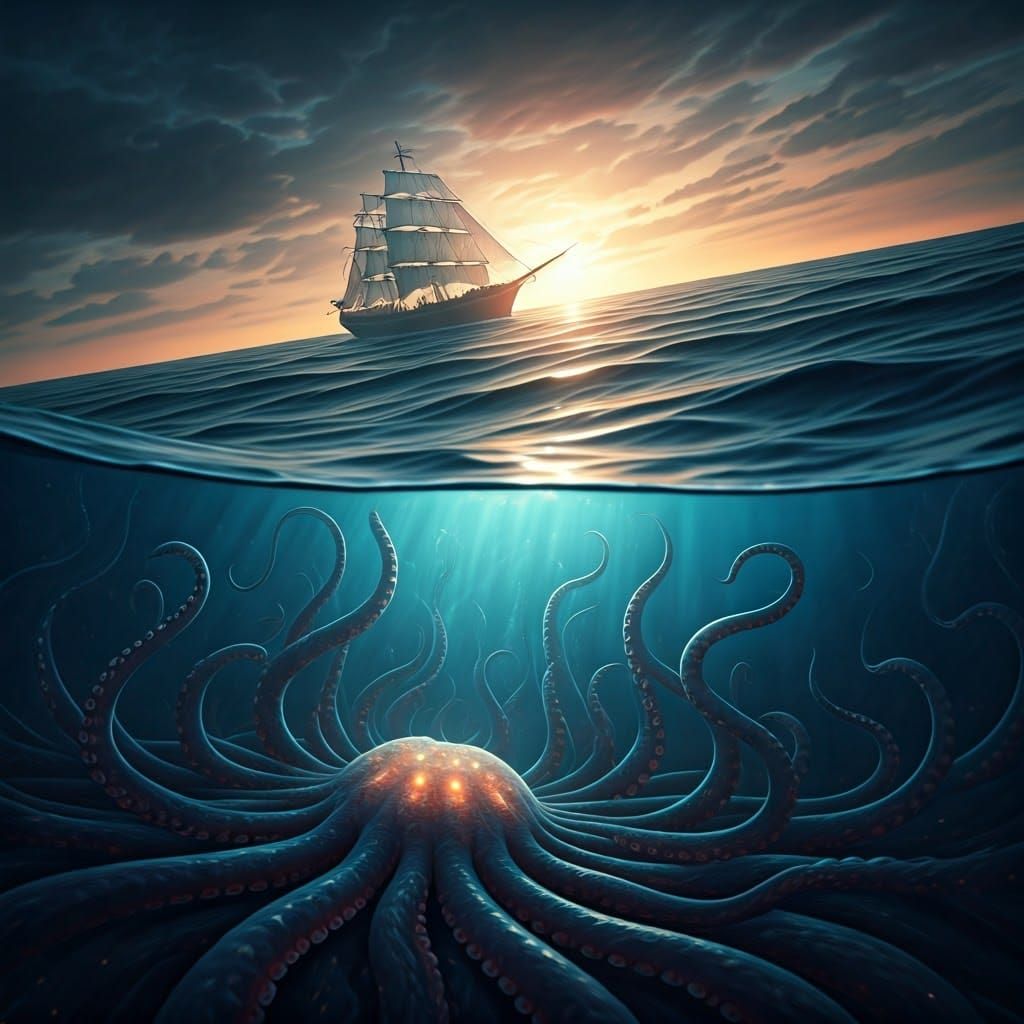 Epic Underwater Scene with Sailing Ship and Glowing Lights