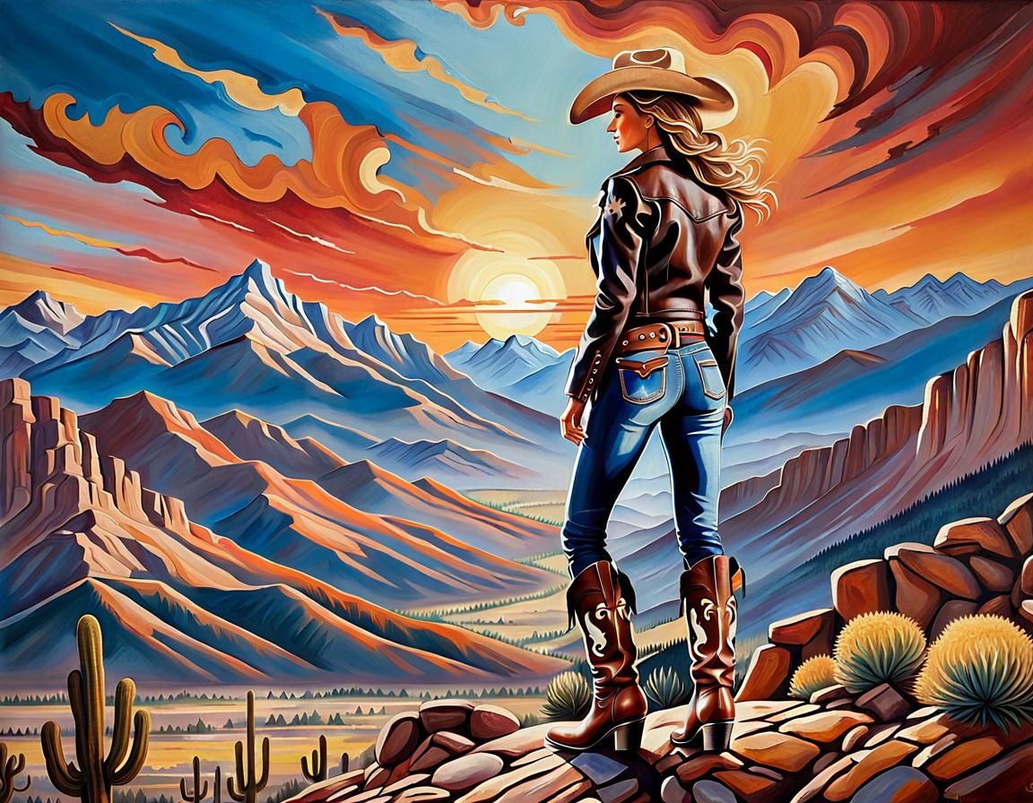 Cowgirl in Sunset Landscape: Fresco Secco Style